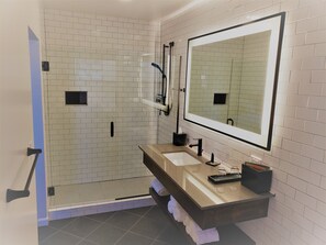 Een douche, een regendouche, designer toiletartikelen, een haardroger