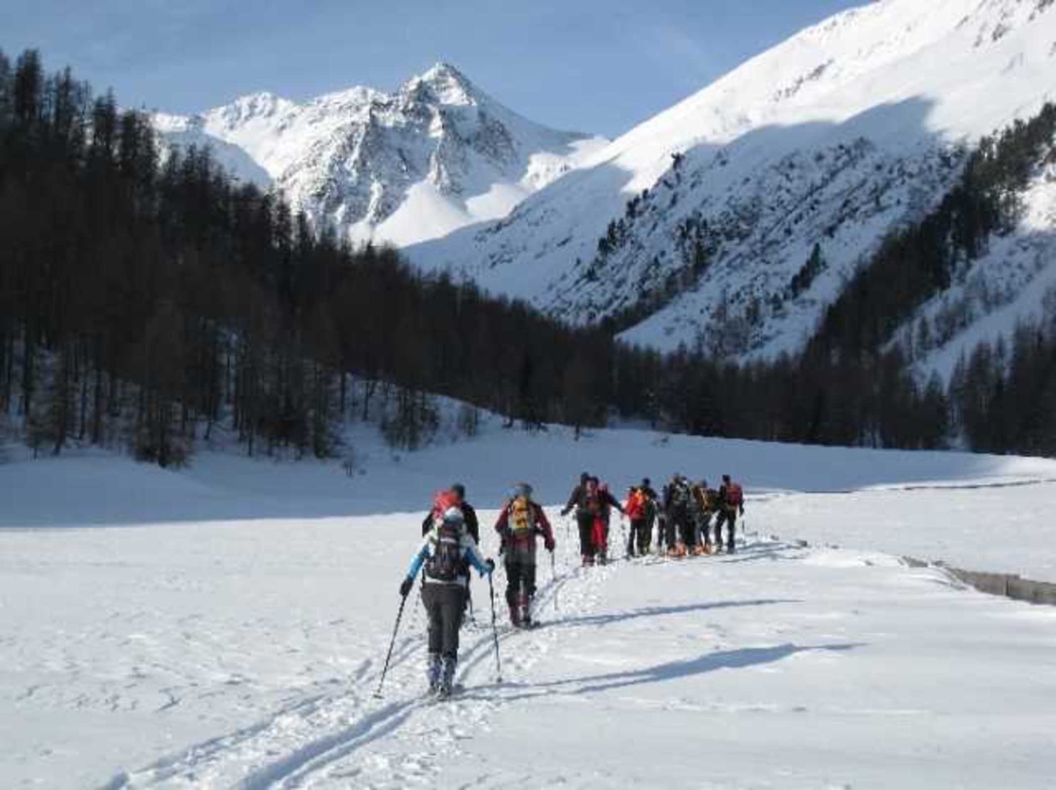 Un groupe de personnes pratique le ski de fond sur une piste enneigée, avec des montagnes en arrière-plan.