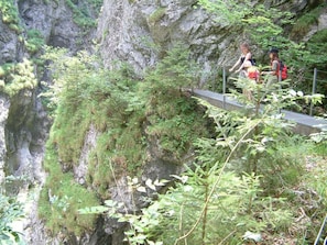 A narrow bridge with natural surroundings and a rocky cliff.