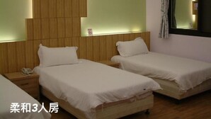 Habitación de hotel con dos camas individuales, cabecero de madera, espejo y mesita de noche con teléfono.
