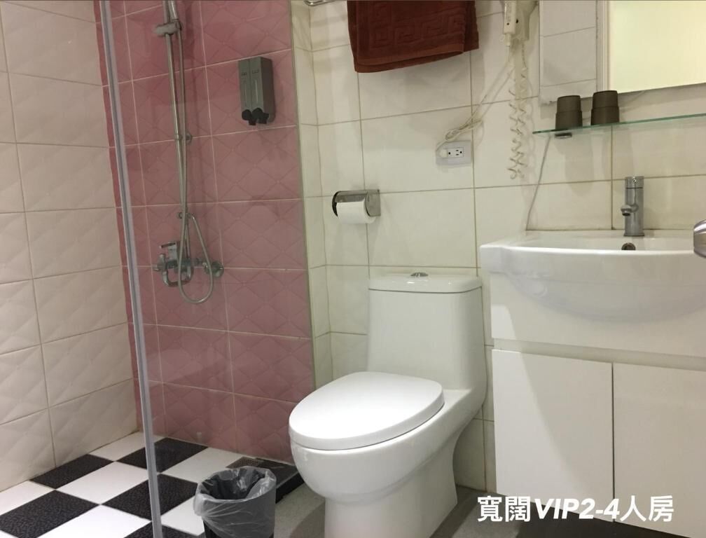 A bathroom with a toilet, a shower, a sink, and a checkered floor.