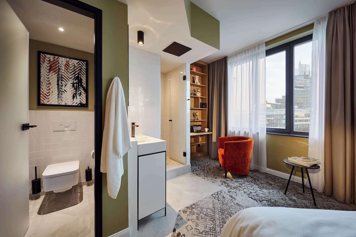 shower, rainfall showerhead, designer toiletries, hair dryer