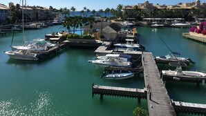A marina with multiple boats docked, a wooden pier, and a backdrop of buildings and palm trees.