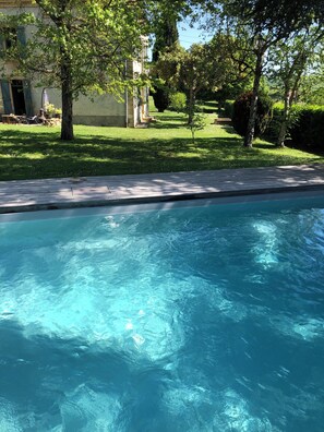 Relax by the serene pool surrounded by lush greenery and mature trees.