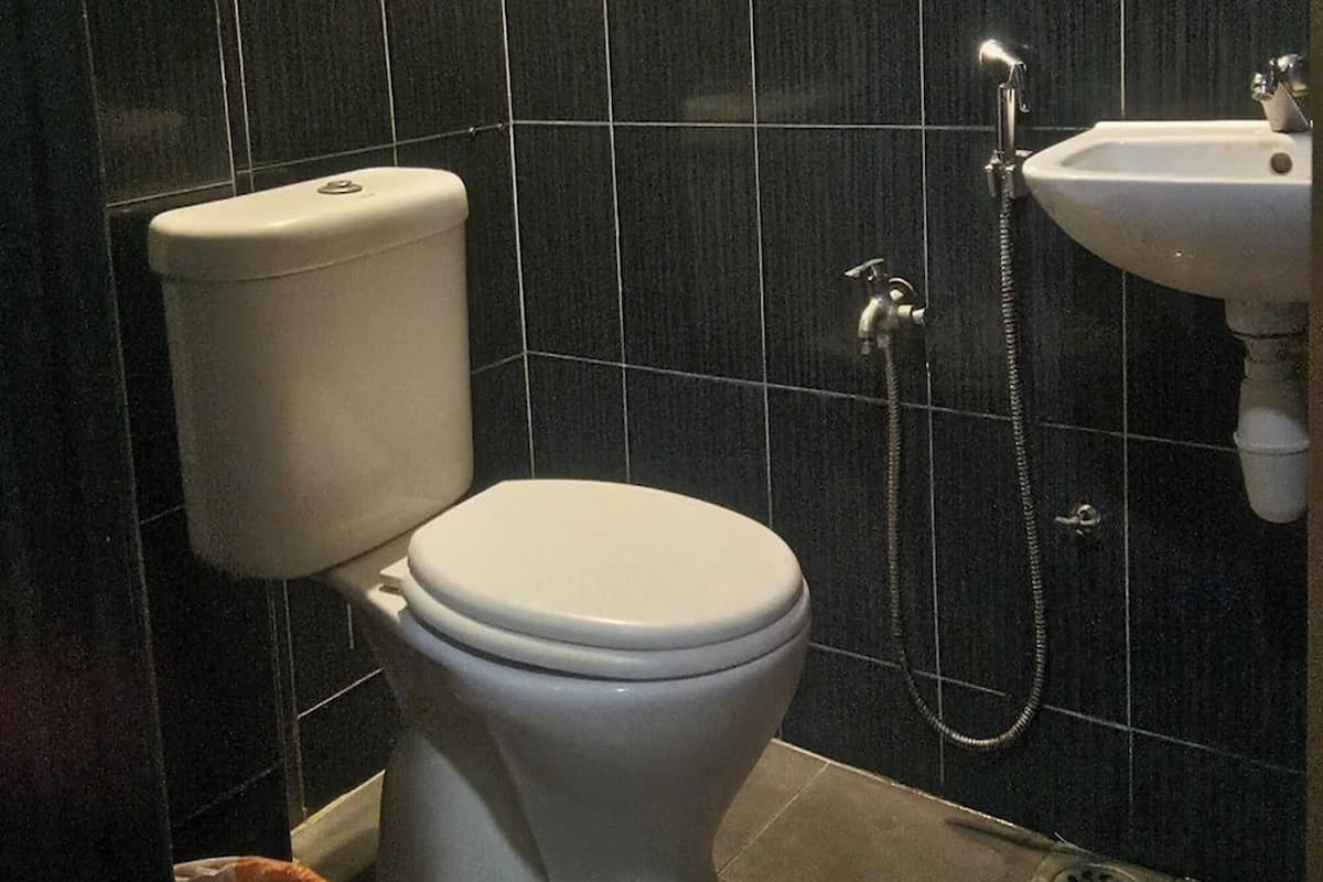 A bathroom with a toilet, a sink, and a shower.
