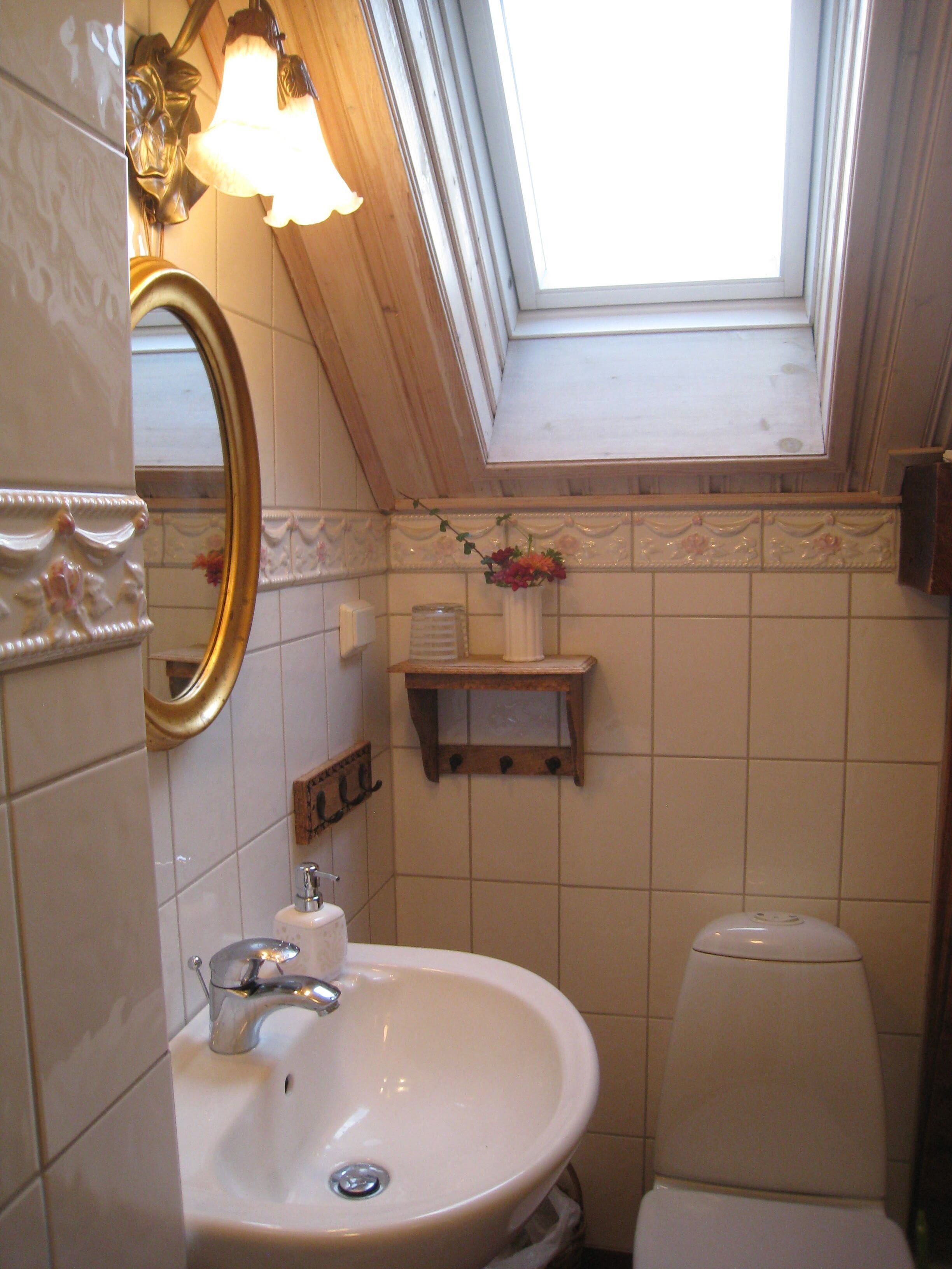 Een badkamer met dakraam, een wastafel, toilet en een spiegel met gouden lijst.