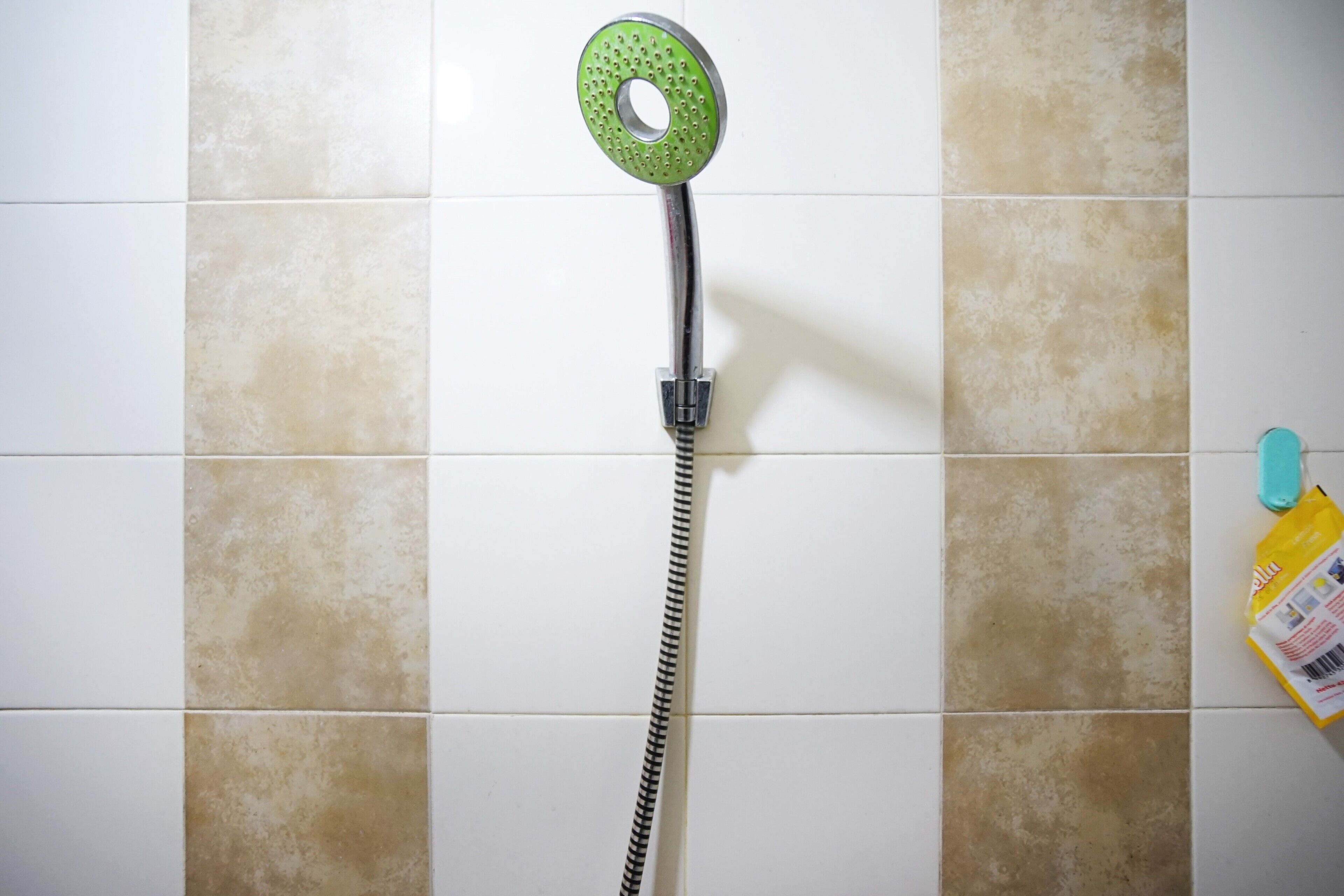 Una ducha con cabezal verde circular y manguera flexible.