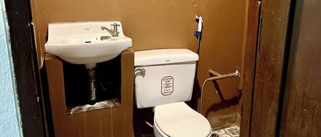 A small bathroom with a toilet, a sink, and a shower.