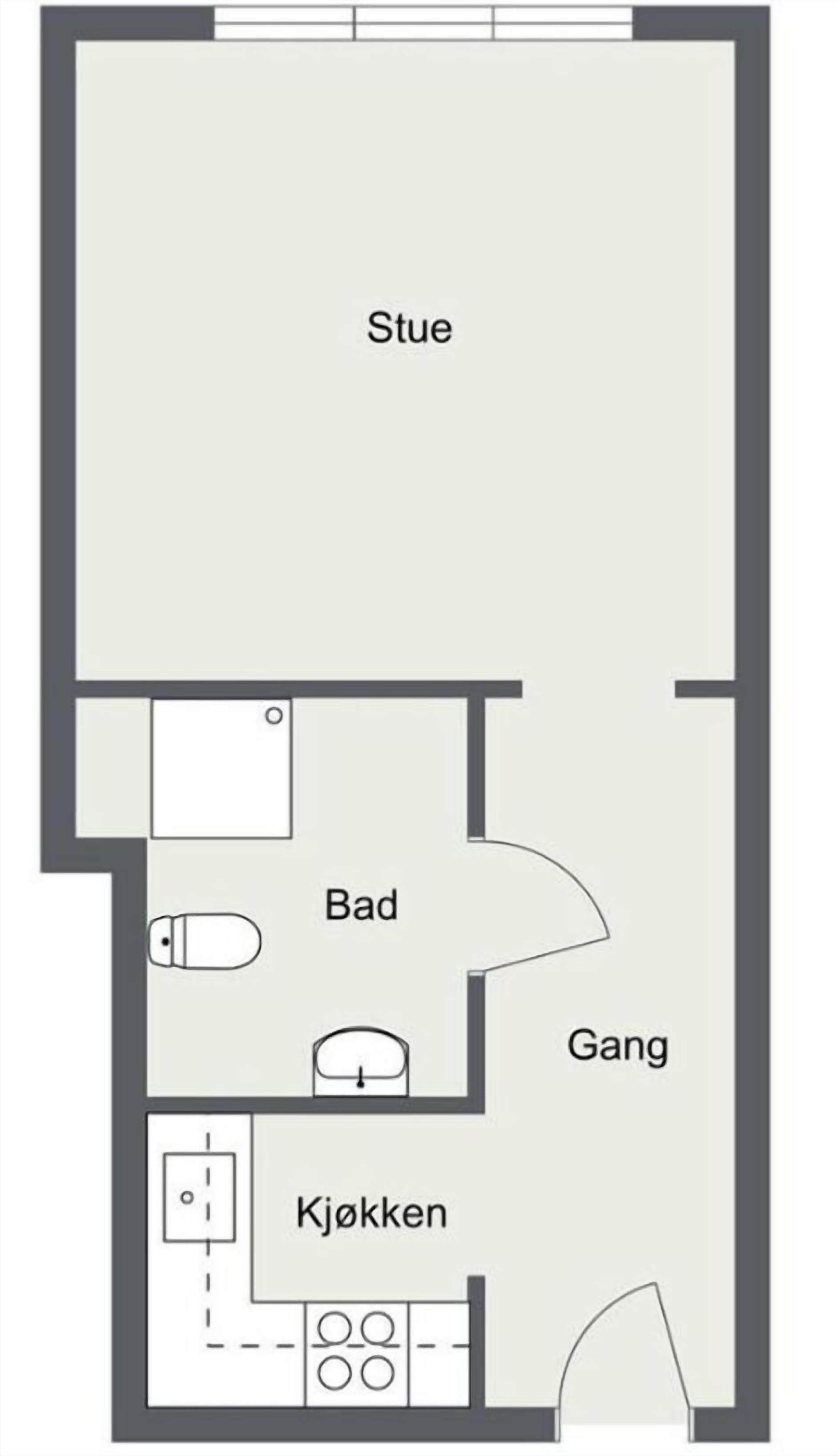 Plano de planta que muestra una sala de estar (Stue), un baño (Bad), una cocina (Kjøkken) y un dormitorio (Gang).