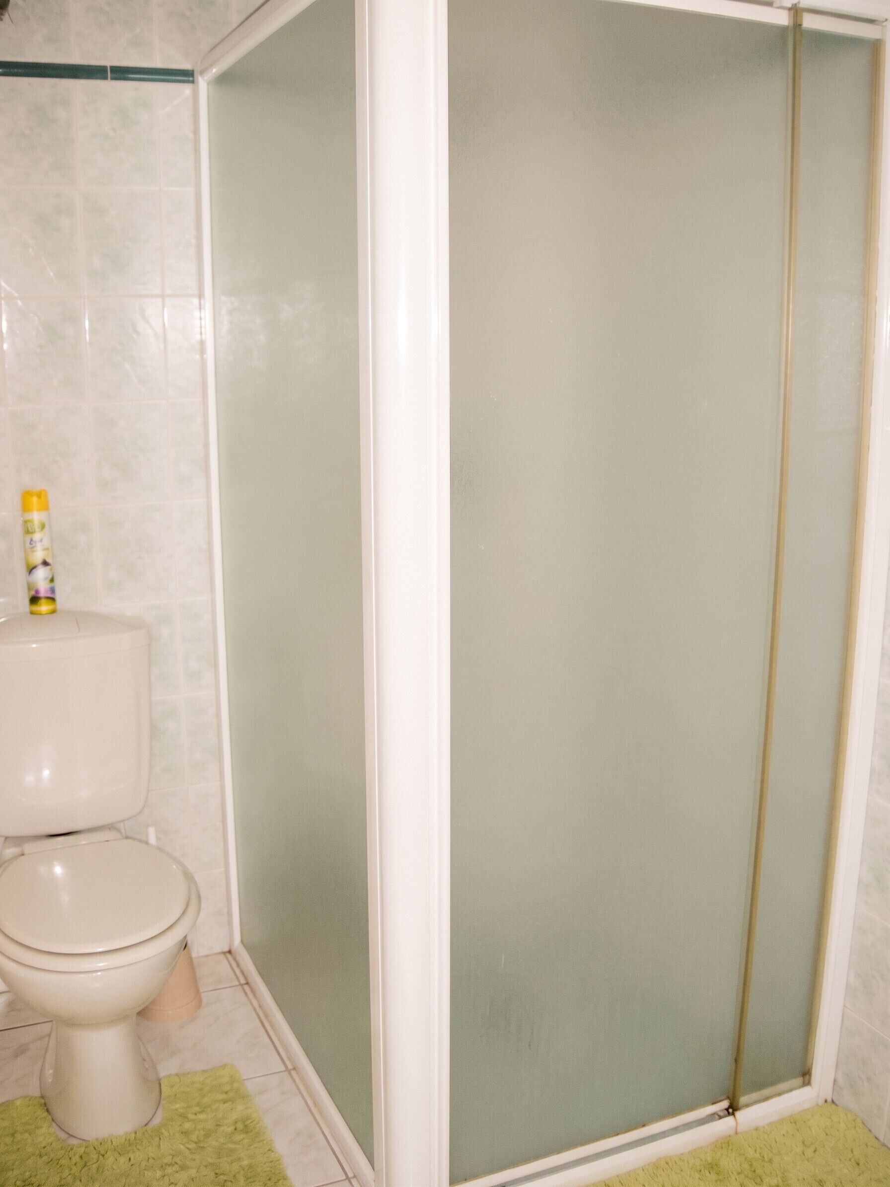 Et badeværelse med toilet, bruseniche og en grøn måtte.