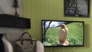 A living room with a mounted television displaying an owl, a beige armchair, and a small wooden table. - IRIS Apartment "Vacation Rental in Veysonnaz, 4 Valleys" (Veysonnaz)