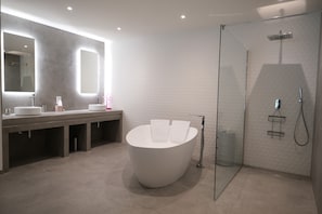 Shower, hair dryer, towels