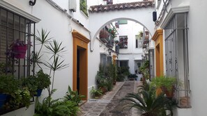 A narrow alleyway with white walls, a tiled floor, and various potted plants. - Apartment in the Jewish quarter - Casa del Indiano - Air Conditioning (Córdoba)