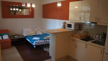 Apartamento | Cocina privada | Frigorífico, microondas y utensilios de cocina