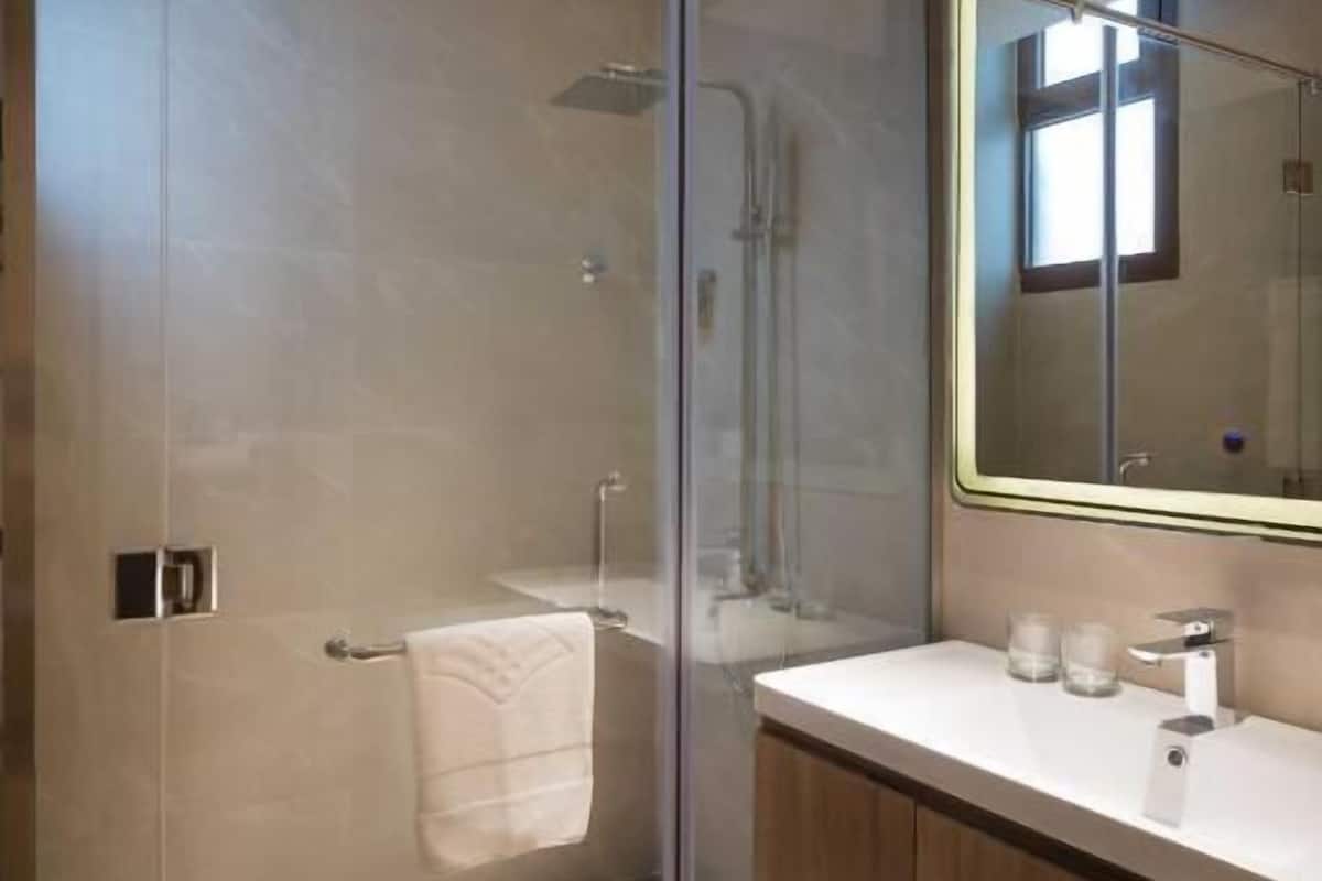 shower, rainfall showerhead, free toiletries, hair dryer