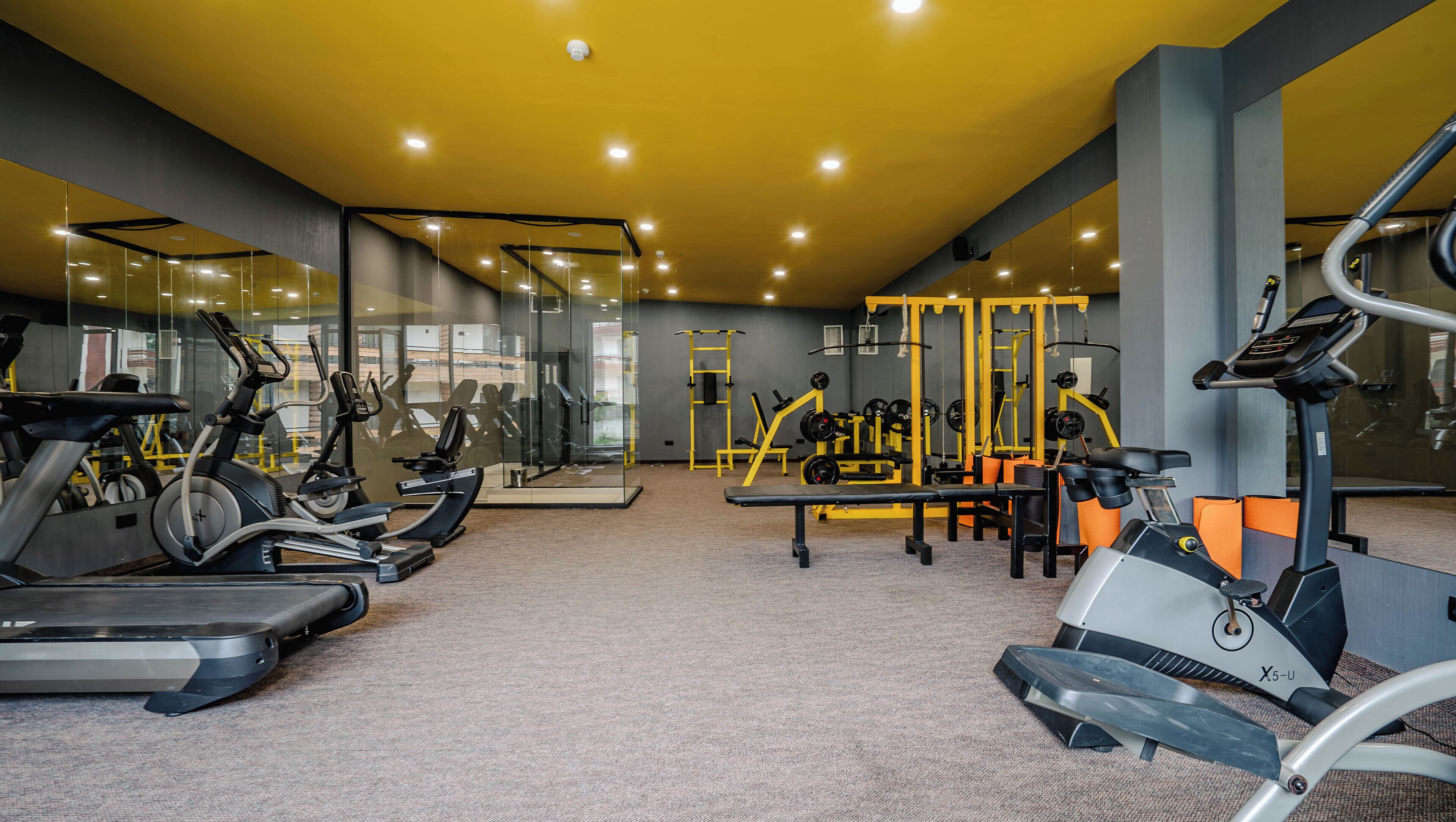 A gym with treadmills, elliptical machines, and weightlifting equipment.