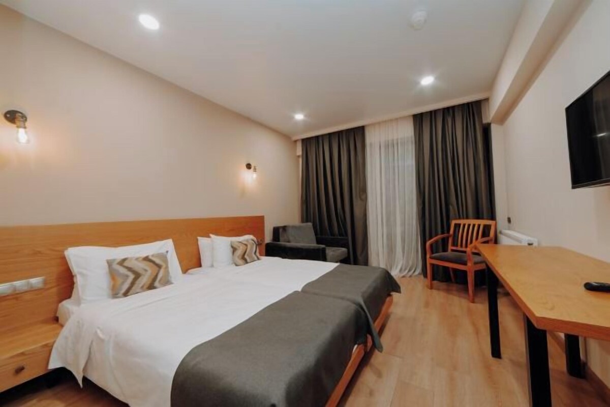A hotel room with a large bed, a desk, a chair, a TV, and a window with curtains.