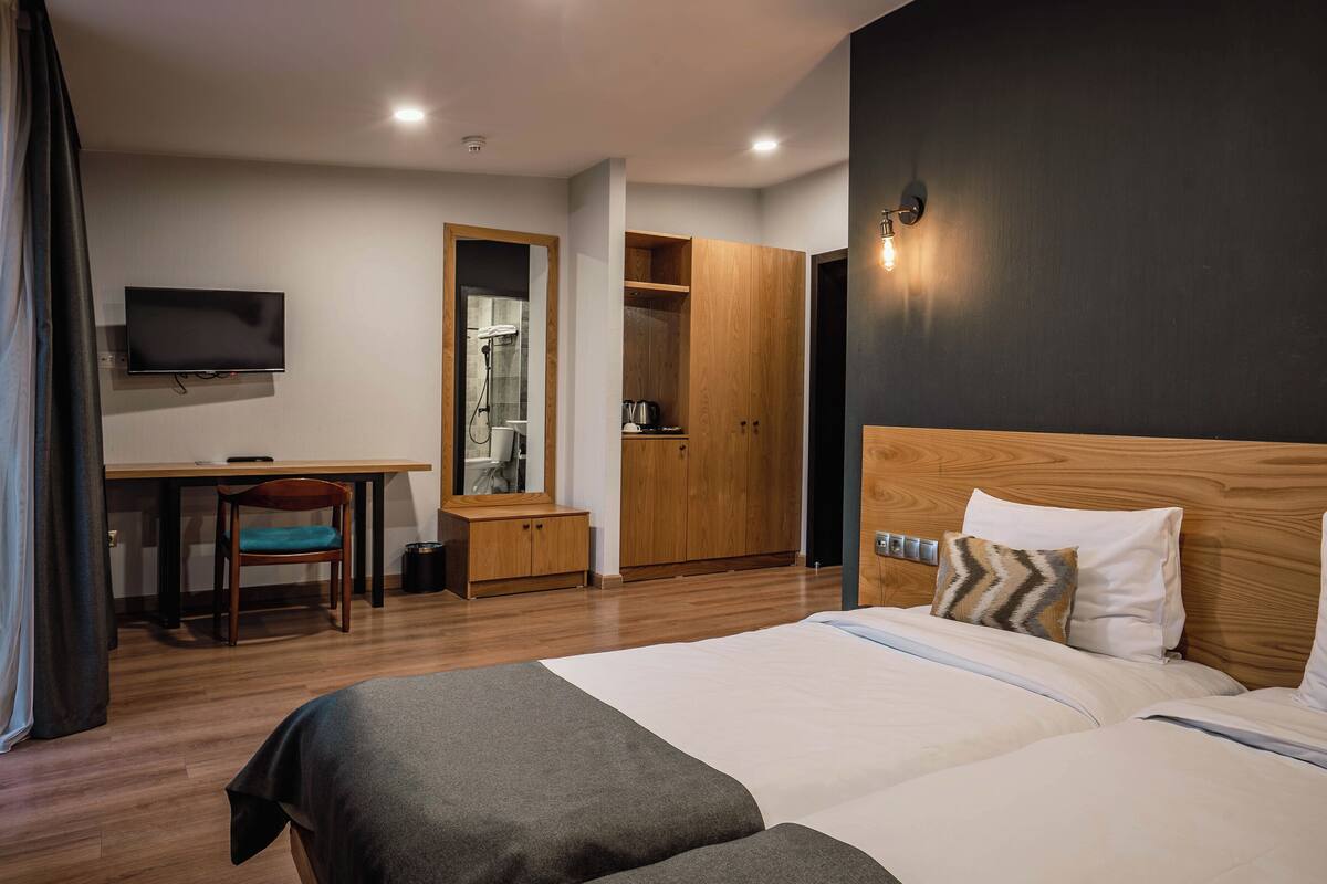 A hotel room with a bed, a desk, a chair, a television, a wardrobe, and a shower.