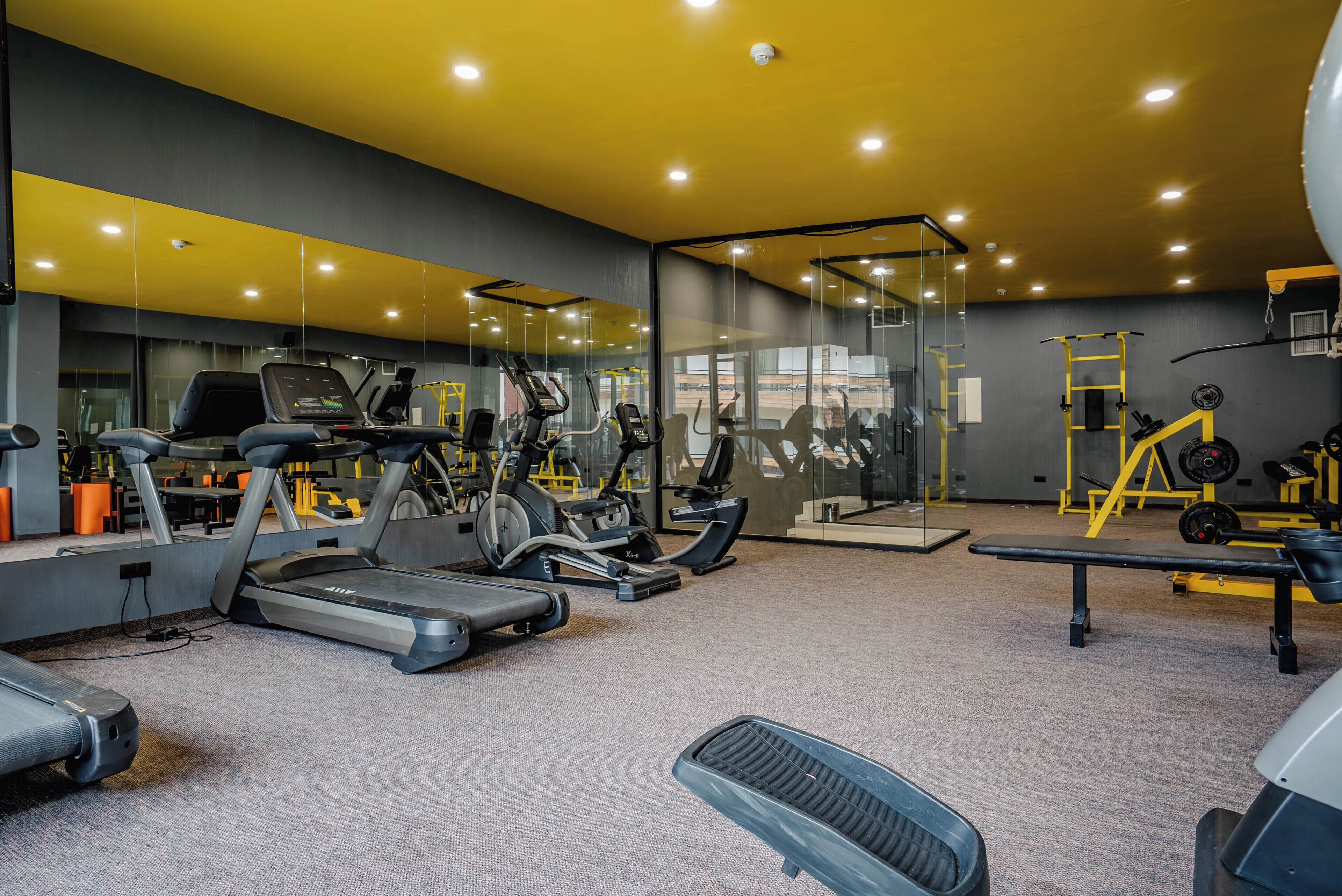A gym with treadmills, elliptical machines, and weightlifting equipment.