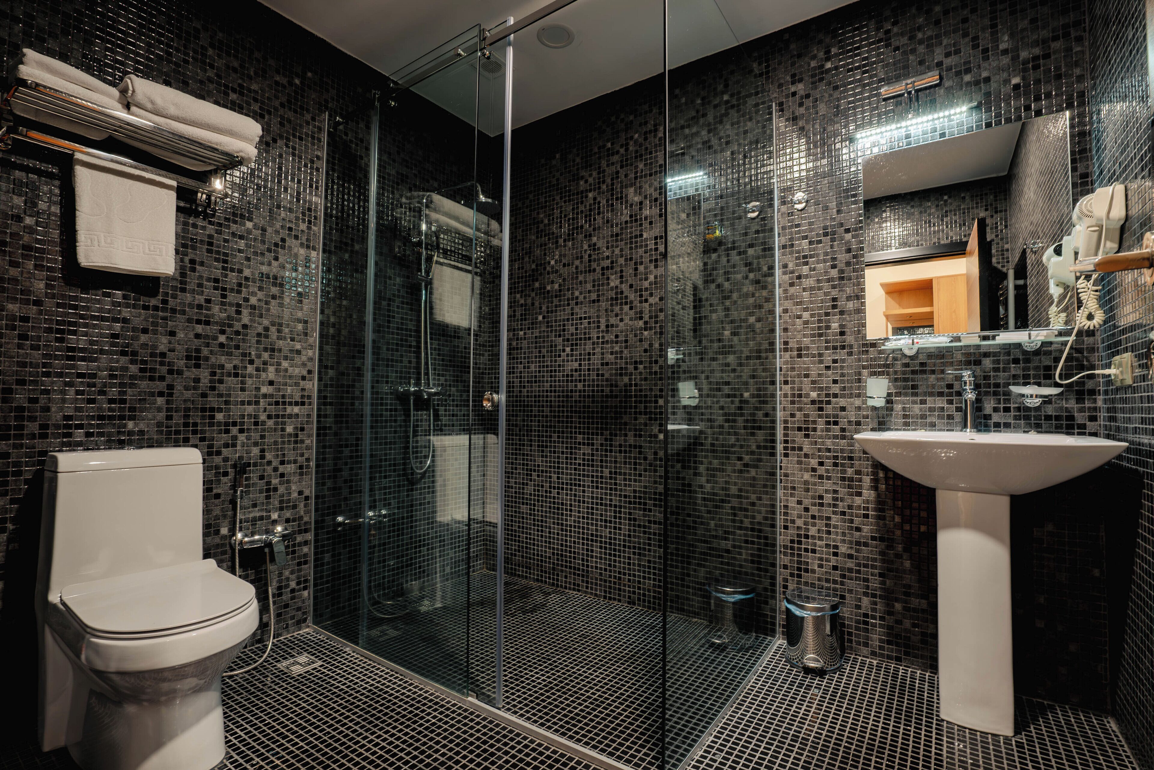 Une salle de bain moderne avec une douche à parois de verre, un lavabo blanc et des toilettes.