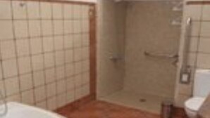 Une salle de bain avec une baignoire, une douche et des toilettes.