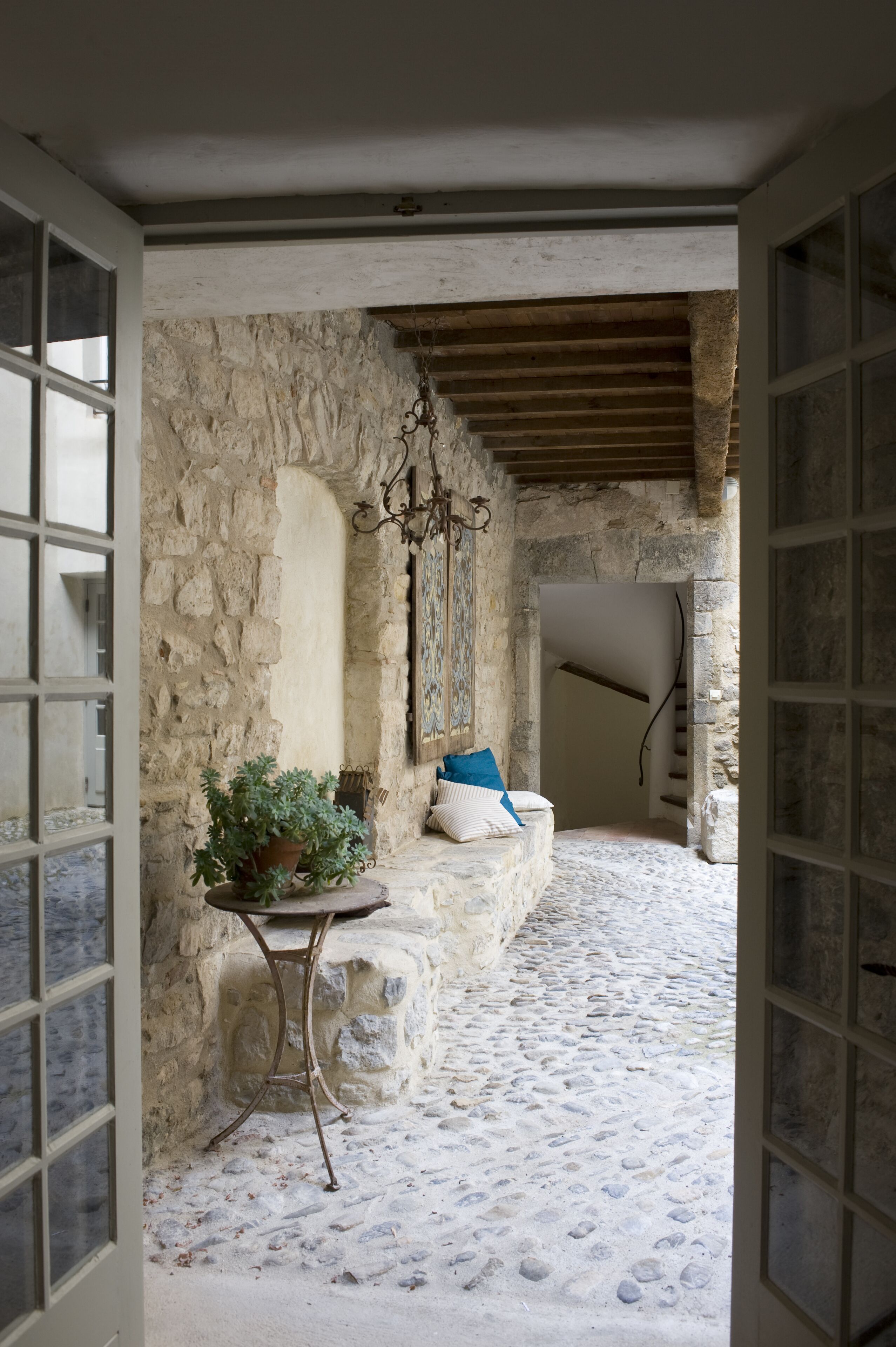 Looking into the courtyard towards the spiral steps, the river & the apartment