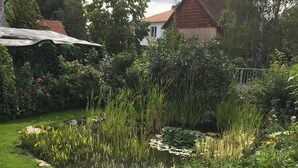 Een goed onderhouden tuin met een vijver, omringd door weelderig groen en diverse planten.