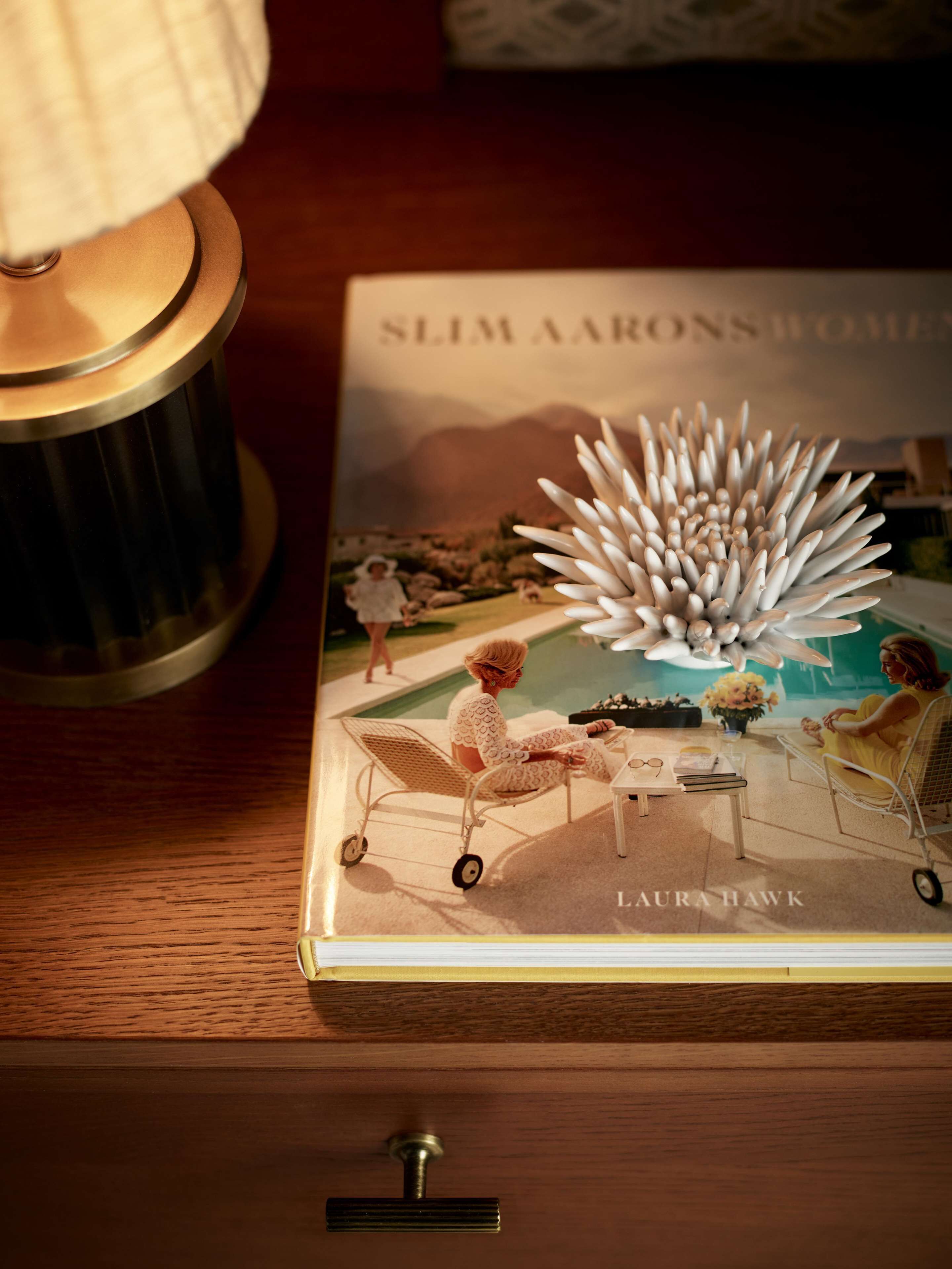 Un libro titulado 'SLIM AARONS' sobre una superficie de madera, con una lámpara y un objeto metálico cerca.