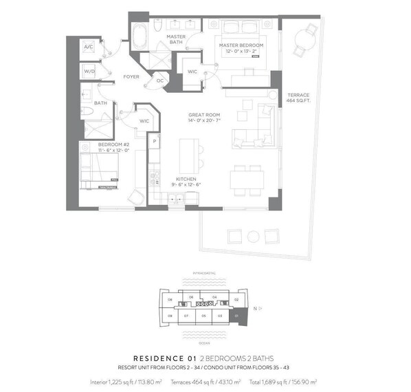 Plan d’étage d’une résidence comprenant deux chambres, deux salles de bain et une terrasse.