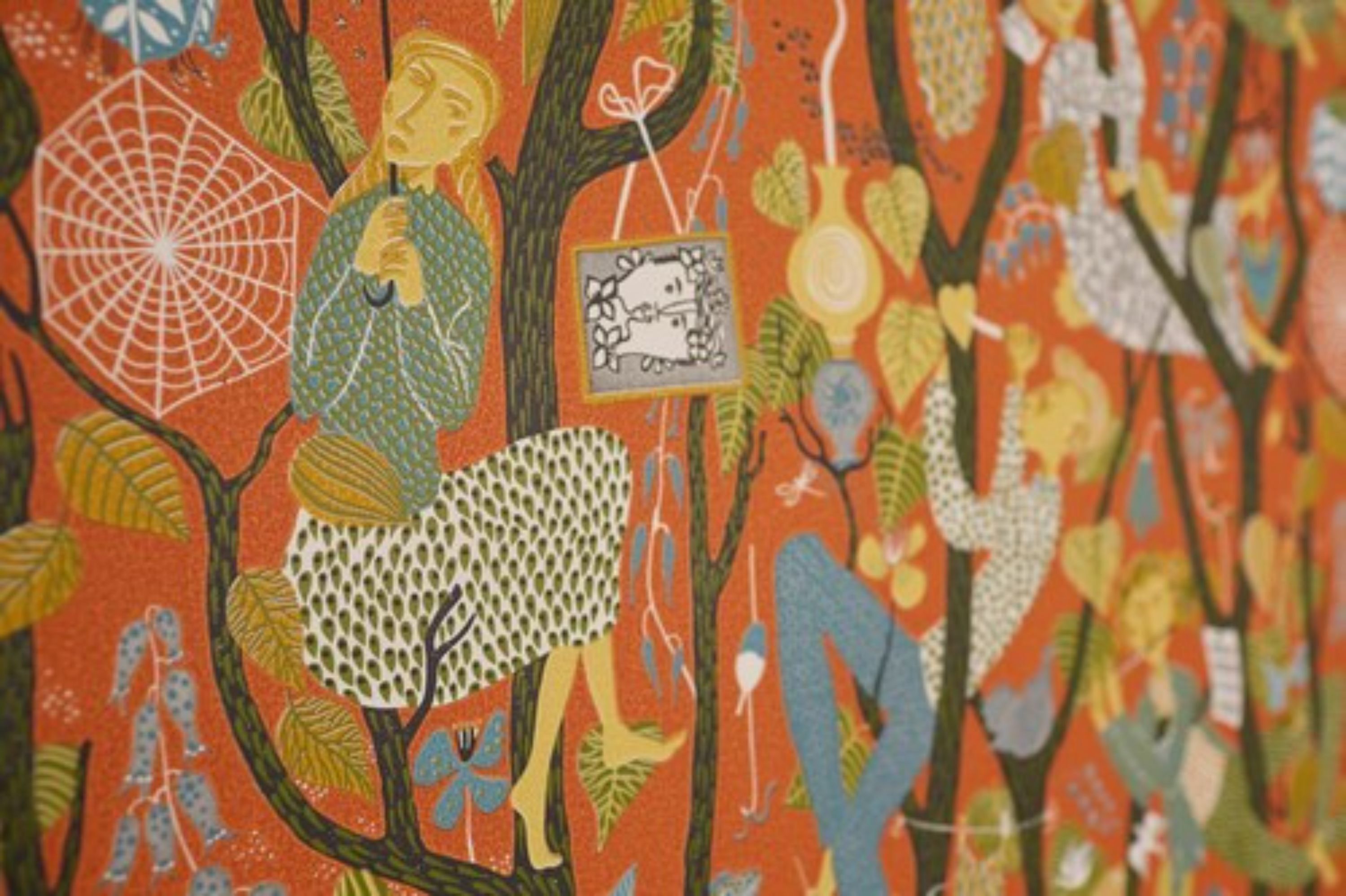 A colorful abstract painting with various shapes and patterns.