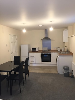Fridge, microwave, oven, electric kettle