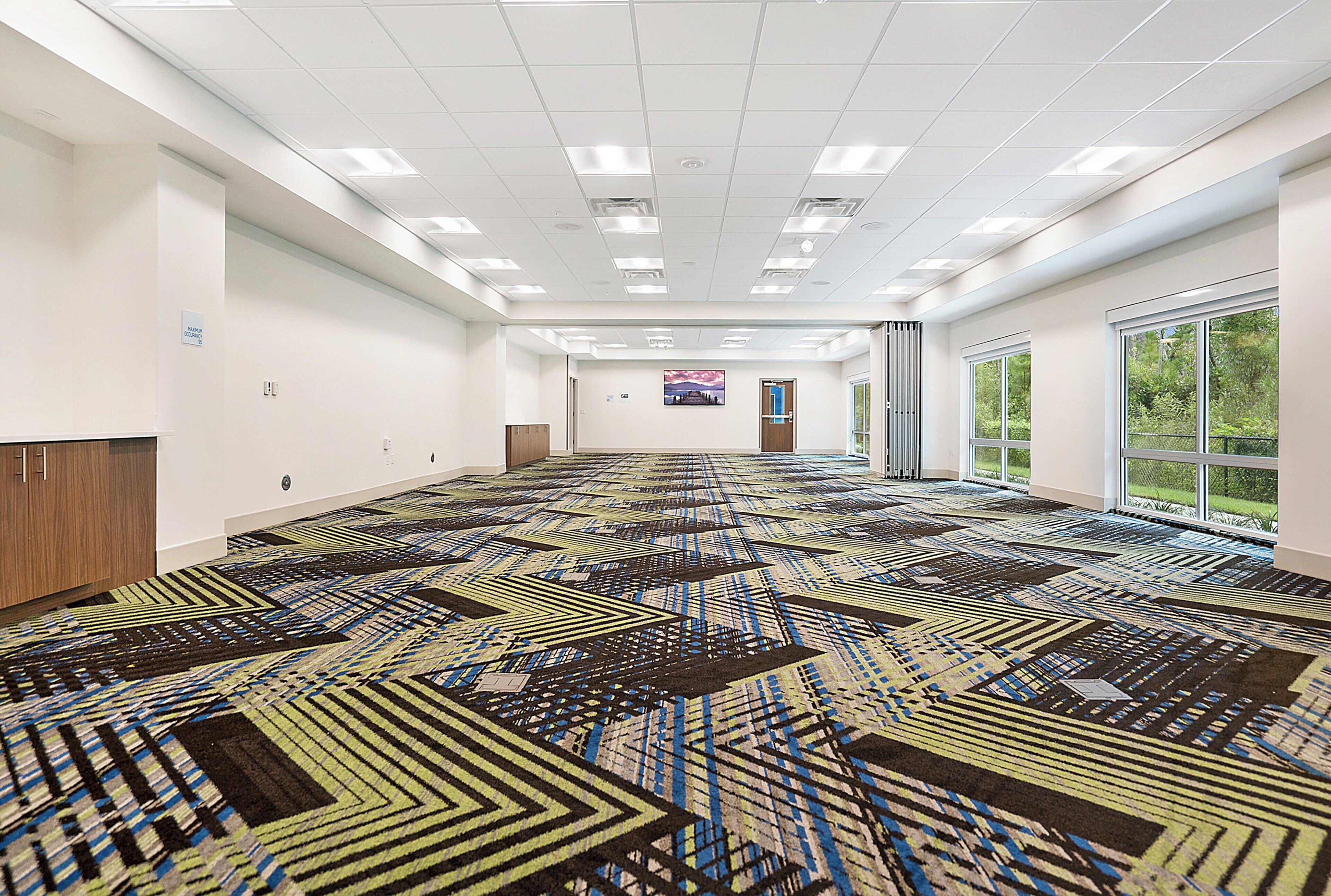 A spacious room with a patterned carpet, white walls, and a large window with a view of greenery.