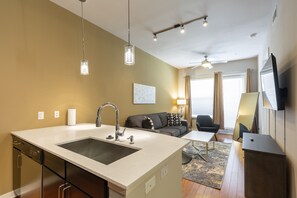 Executive Condo | Private kitchen | Full-size fridge, microwave, oven, stovetop - Luxury Med Center Fully Equipped King Sized Bed Condos (Houston)