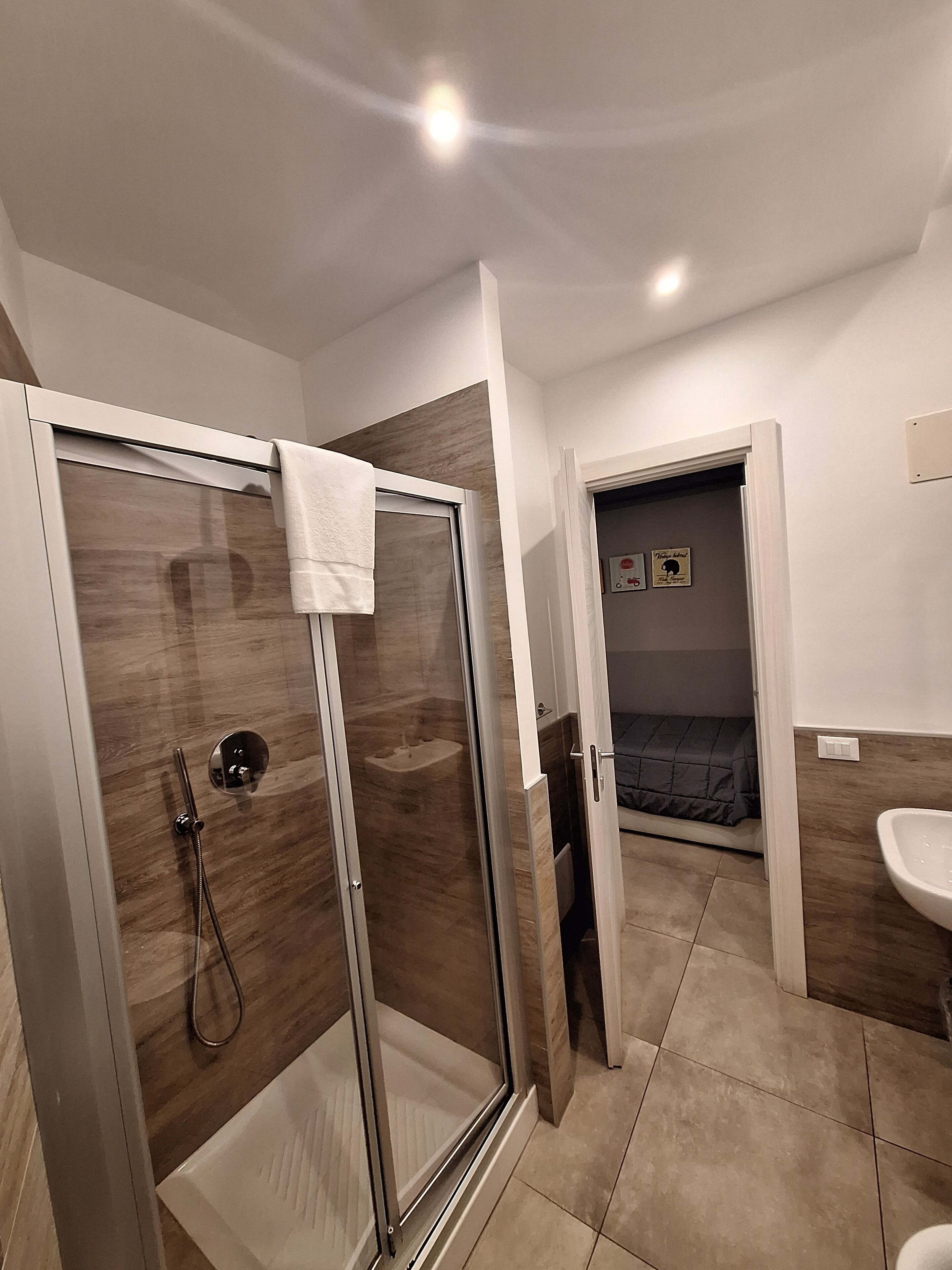 Ein modernes Badezimmer mit einer ein Glasfachwerk-Dusche, einem Waschbecken und einem Bett im angrenzenden Raum.