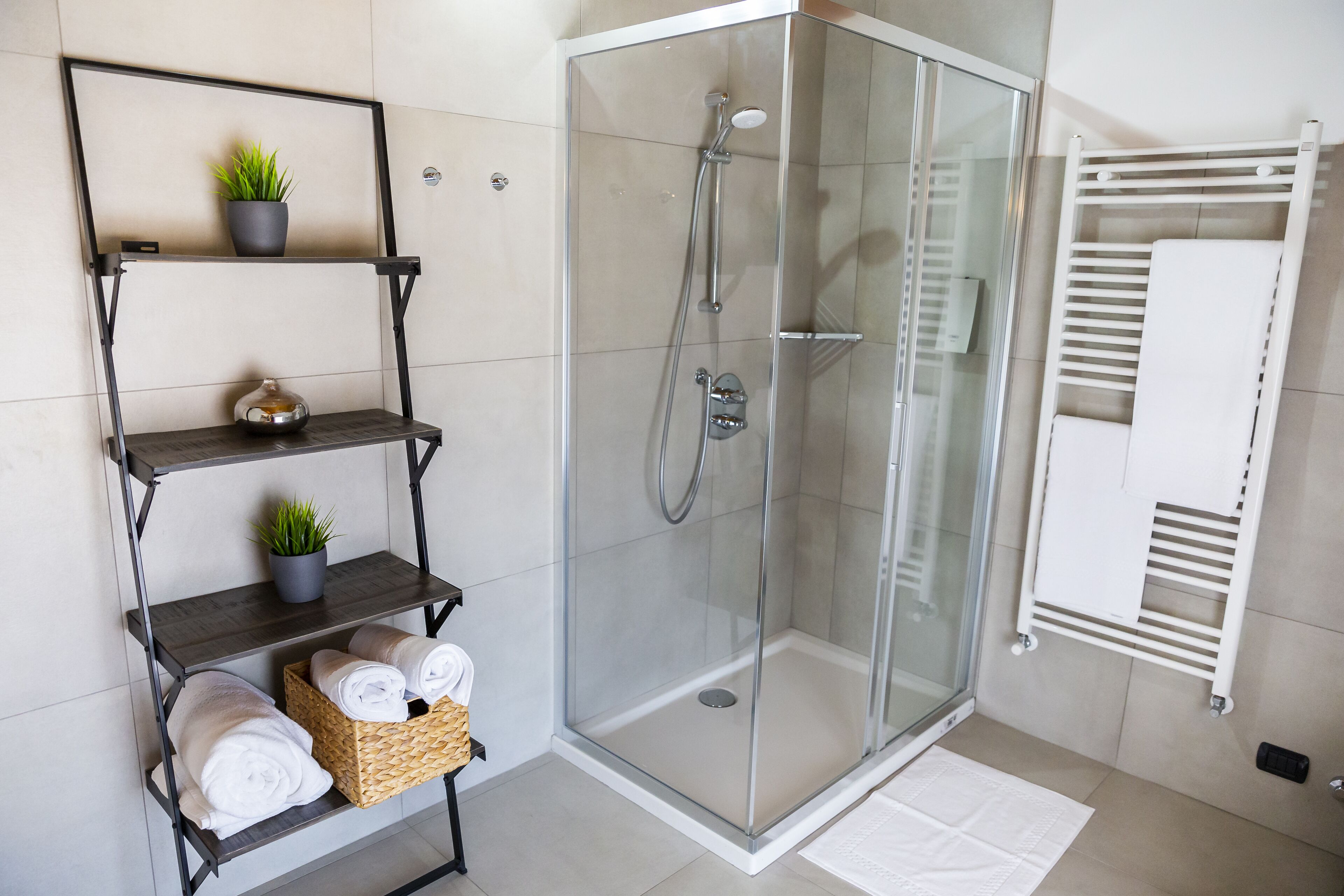 A modern bathroom with a glass-enclosed shower, a towel rack, and a shelf with towels and a potted plant.