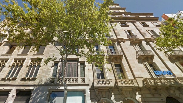 Ein historisches Gebäude mit aufwendigen architektonischen Verzierungen, vor der Fassade ein großer Baum.