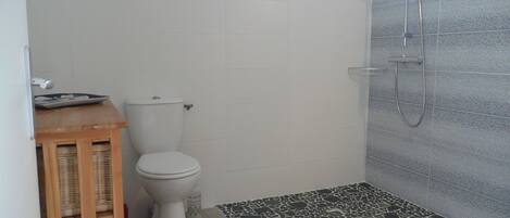 Ein Badezimmer mit Toilette, Dusche und einem kleinen hölzernen Hocker.