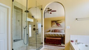 Combined shower/tub, hair dryer, towels, soap