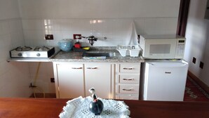 Una cocina equipada con estufa a gas, microondas, refrigerador y pileta.