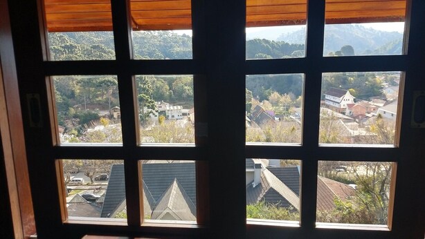 Vista a través de un ventanal que muestra una zona residencial con casas y árboles.