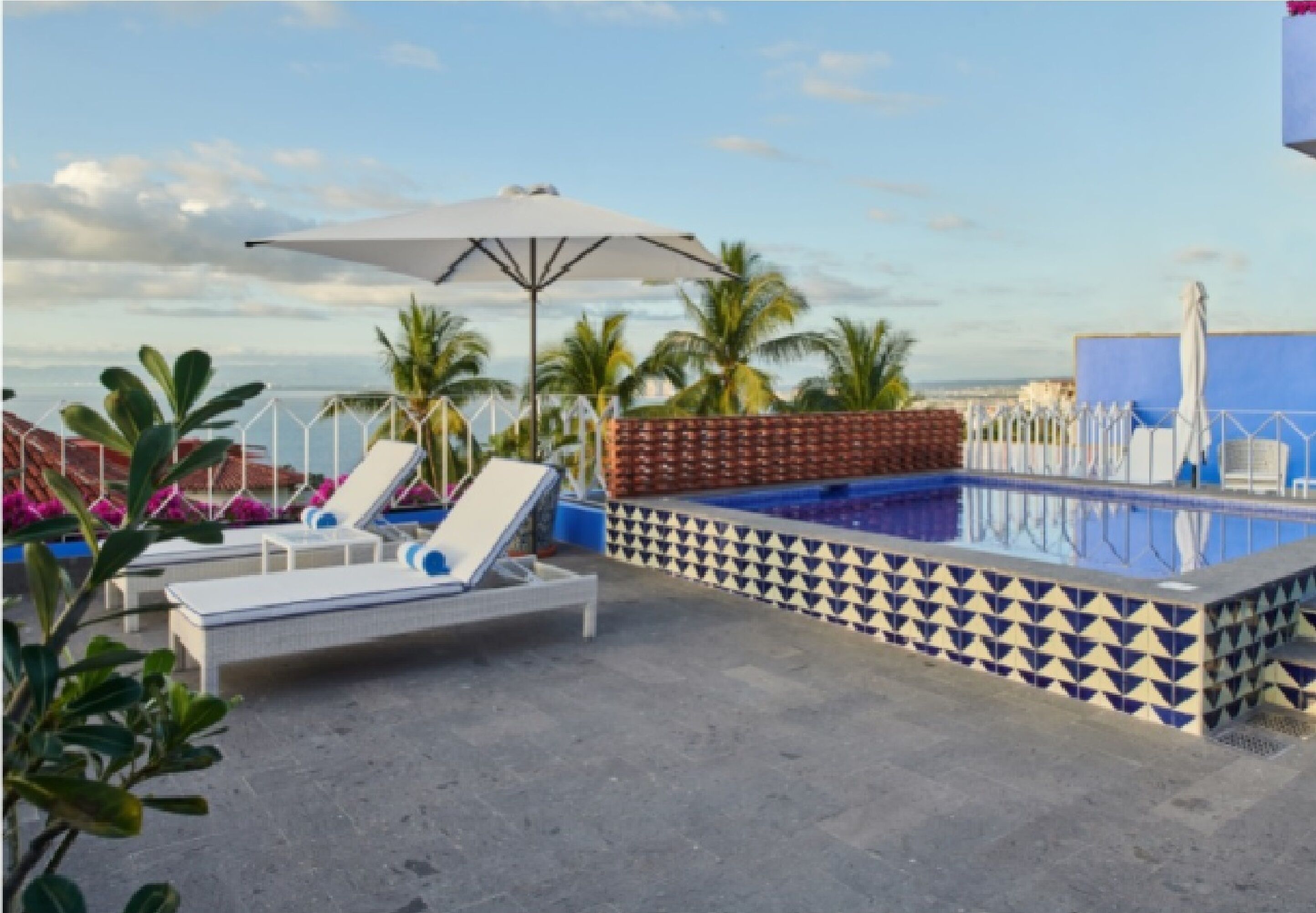 A rooftop pool area with lounge chairs and umbrellas, surrounded by palm trees and a clear sky.