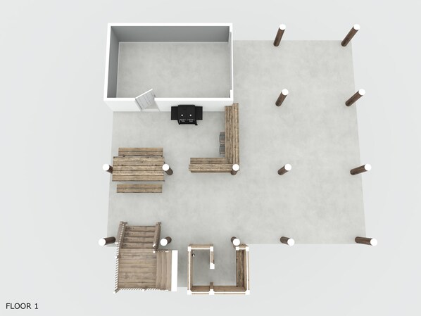 A top-down view of a room with a bed, a desk, and a chair.