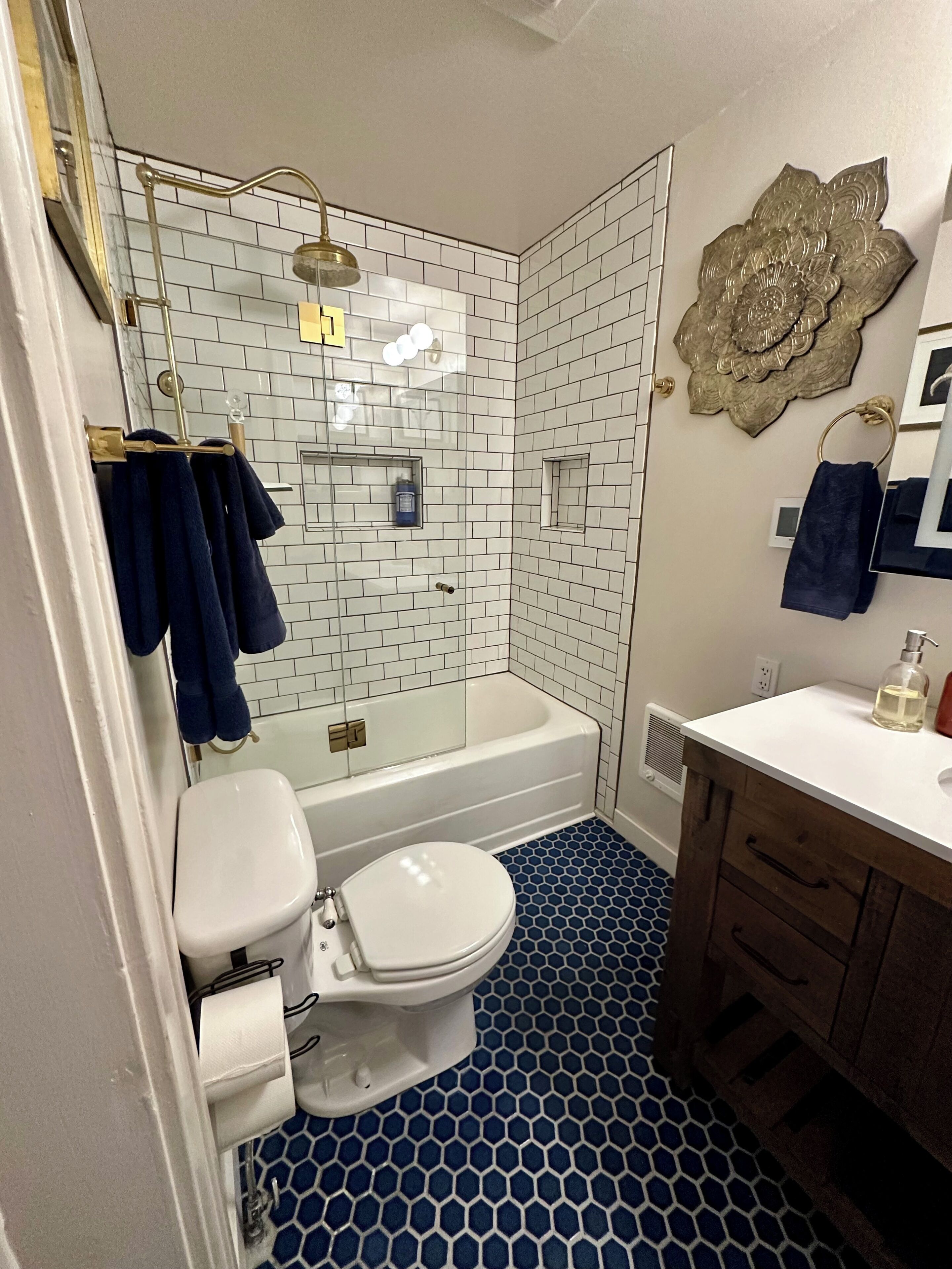 Hair dryer, towels, soap, shampoo