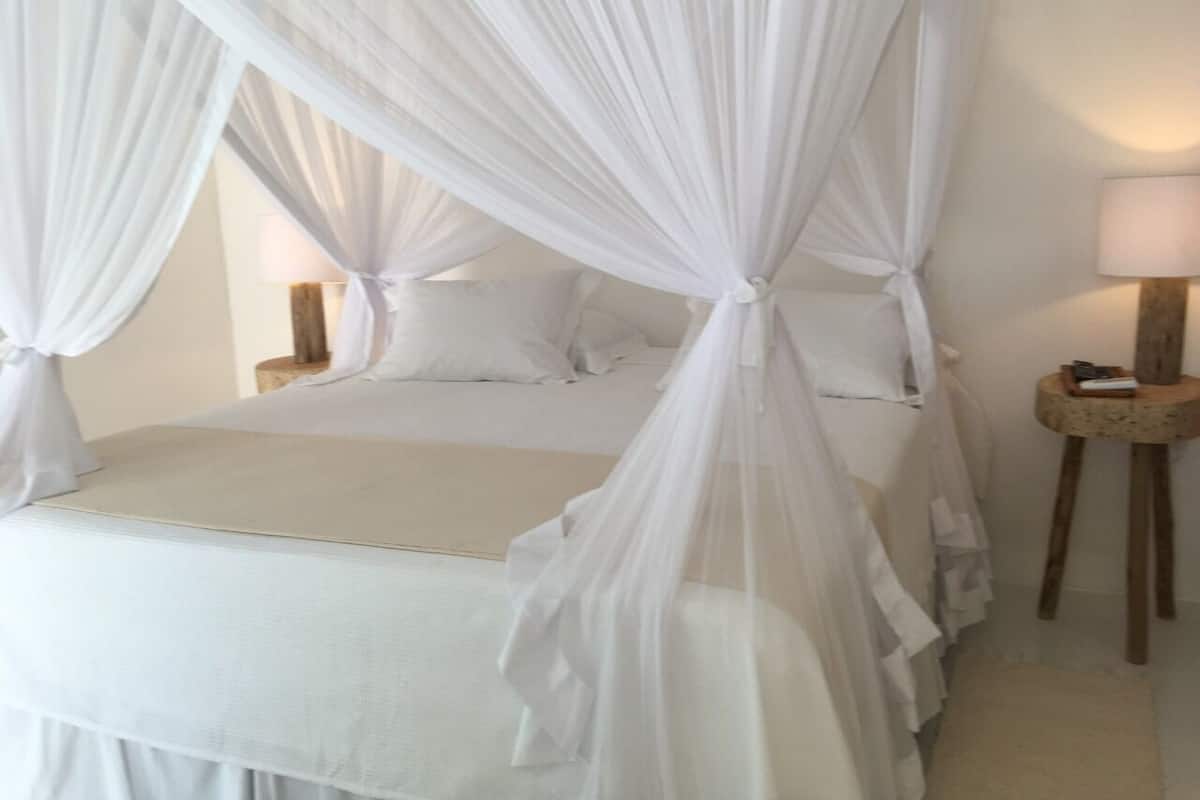 Uma cama com dossel, duas mesas de cabeceira e um abajur.
