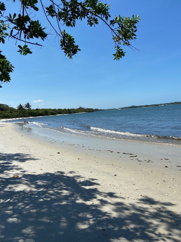 On the beach, sun loungers, beach towels