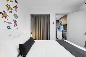1 bedroom, desk, iron/ironing board, travel cot