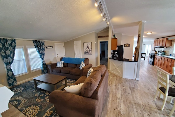 Sofa pulls out to a queen sleeper.