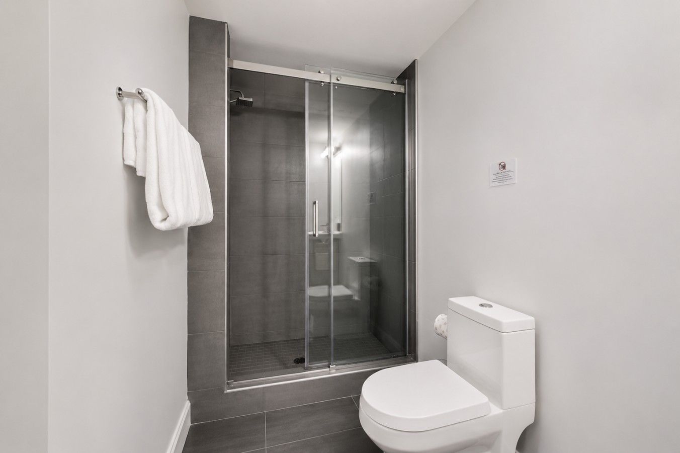 A modern bathroom with a glass-enclosed shower, a white toilet, and a towel rack.