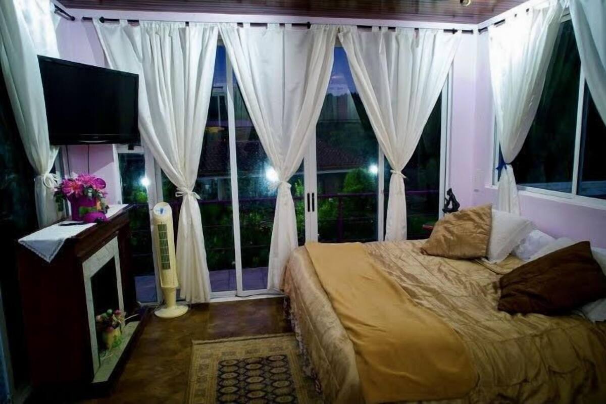 A bedroom with a bed, curtains, a TV, and a window with a view.