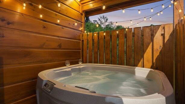 A hot tub in a wooden cabin with string lights. - Heavenly View – Romantic Pigeon Forge Cabin with Hot Tub, Jacuzzi & Pool Table (Sevierville)
